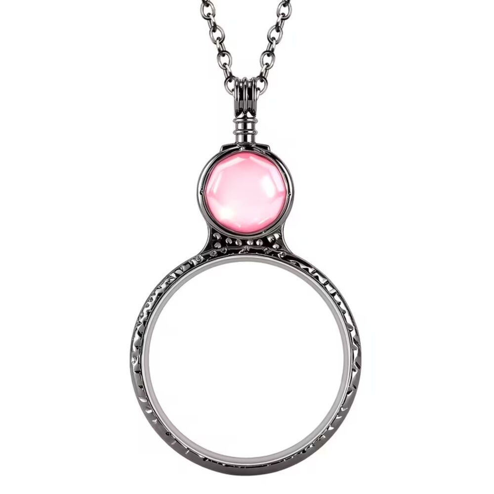 Pink Gemstone Magnifying Glass Necklace Round Lens Pendant Retro Crystal Charm